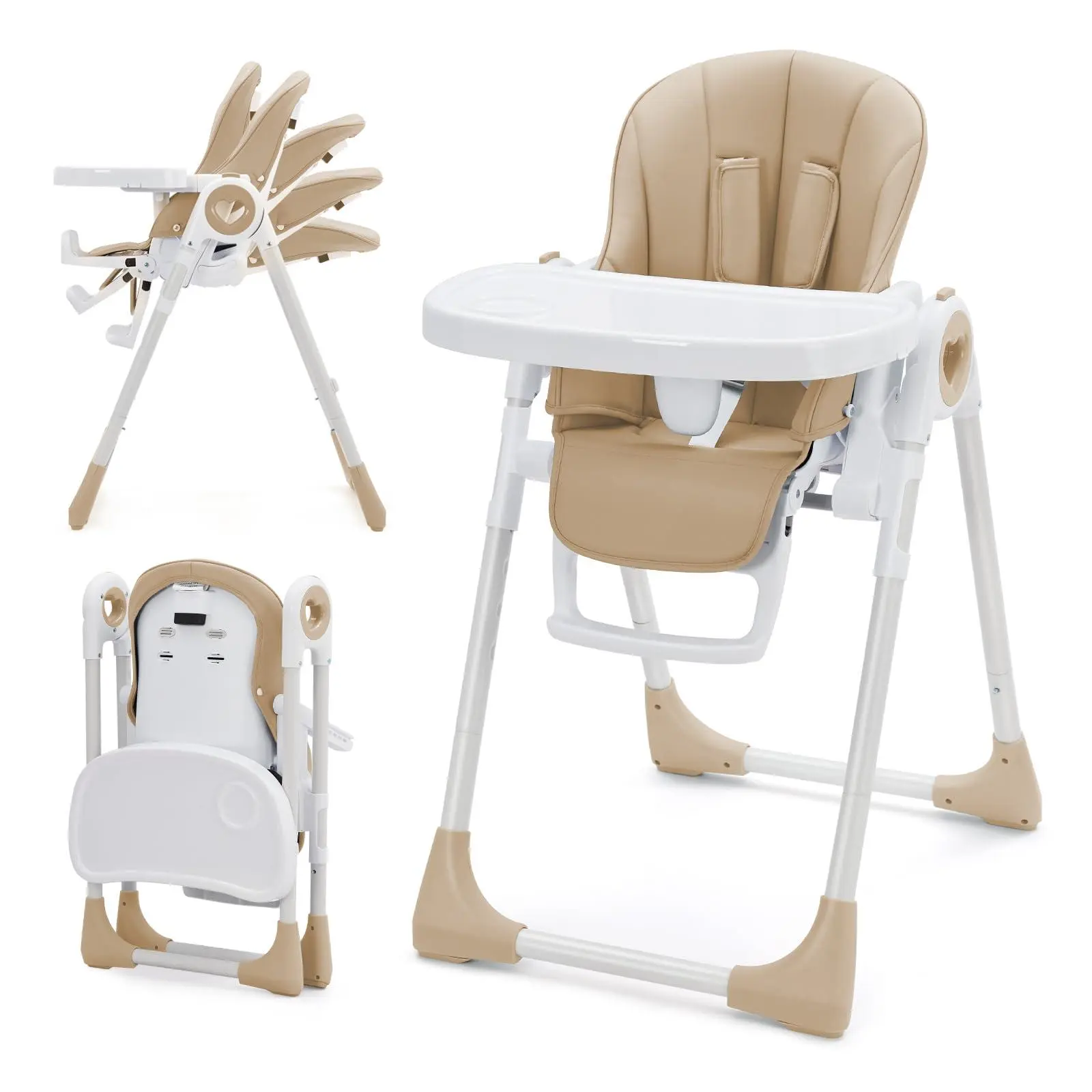 Garvee Foldable Baby High Chair with Adjustable Height, 5 Recline Positions & Removable Double Tray - Easy Clean, Space-Saving Infant Highchair for Toddlers, 5-Point Harness & Compact Design