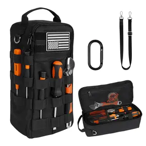 Portable Small Tool Bag, Heavy Duty Tool Pouch Bag with Shoulder Strap and D-ring Clip, Durable Waterproof Multiple Pockets Tool Hand Bag for Electricians, Carpenters, HVAC Technicians (Black)