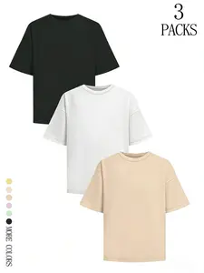 3 Piece Set Drop Shoulder T-Shirts, Loose Fit Casual Basic Tops, Classic Milk Macaron Colors, All Seasons Wear
