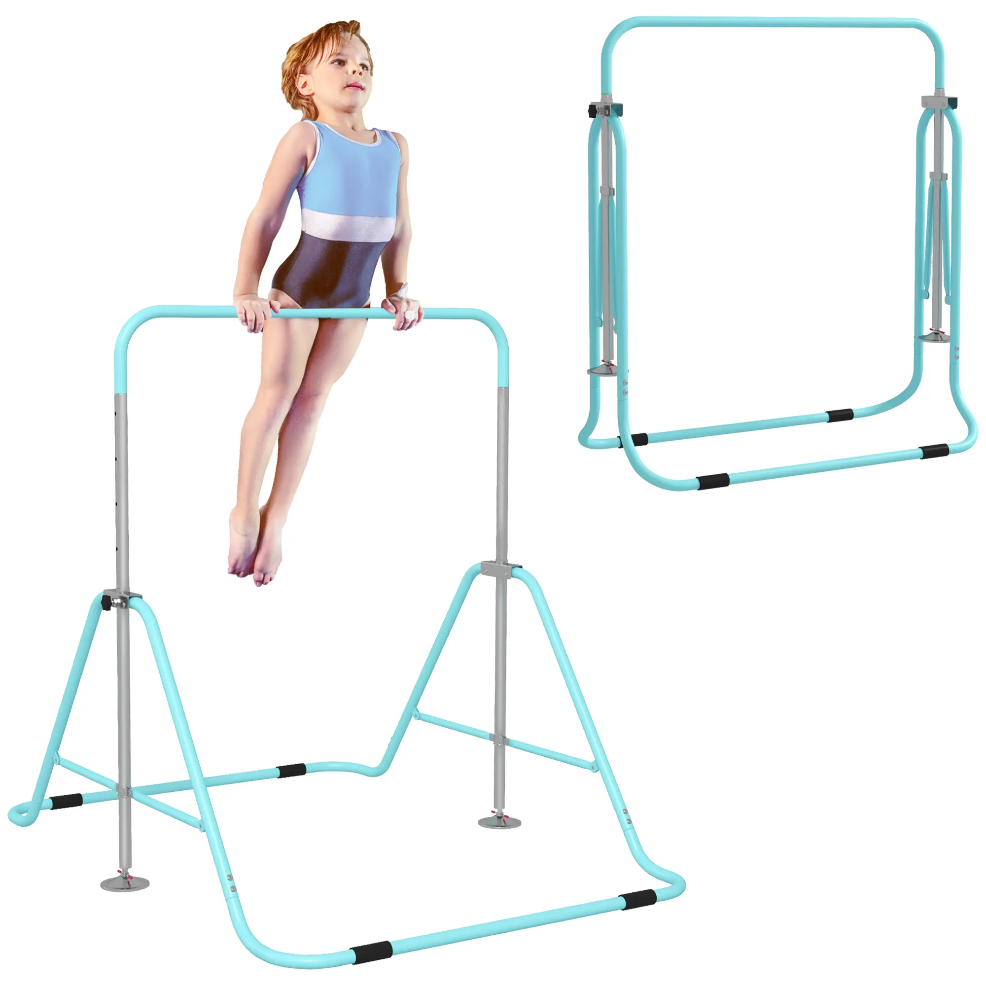 Kids' Collapsible Gymnastics Bar, Steel Kip Bar with Adjustable Height for Home Training, Space-Saving Design, Ages 3-8, 110 lbs Capacity, 3-8 Years, 41.8" L X 17" W X 47.2" H (Folded), Shockproof, 59.8" L X 38.4" W X 34.8-50.6" H (Unfolded)