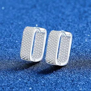 New S925 sterling silver earrings with full pavé moissanite stones, square design, French style, lightweight luxury and high-end feel, for women.
