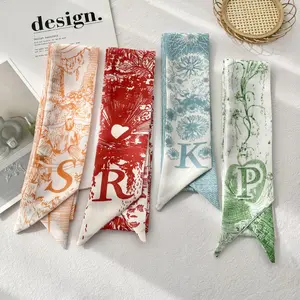 Personalized 26 Letter Print Skinny Scarf for Women 1 Pack 2.36W x 37.01L Floral Patterned Hair Tie Neck Kerchief Fashion Handbag Handle Wrap Ribbon Multifunctional Versatile Styling outdoorfun