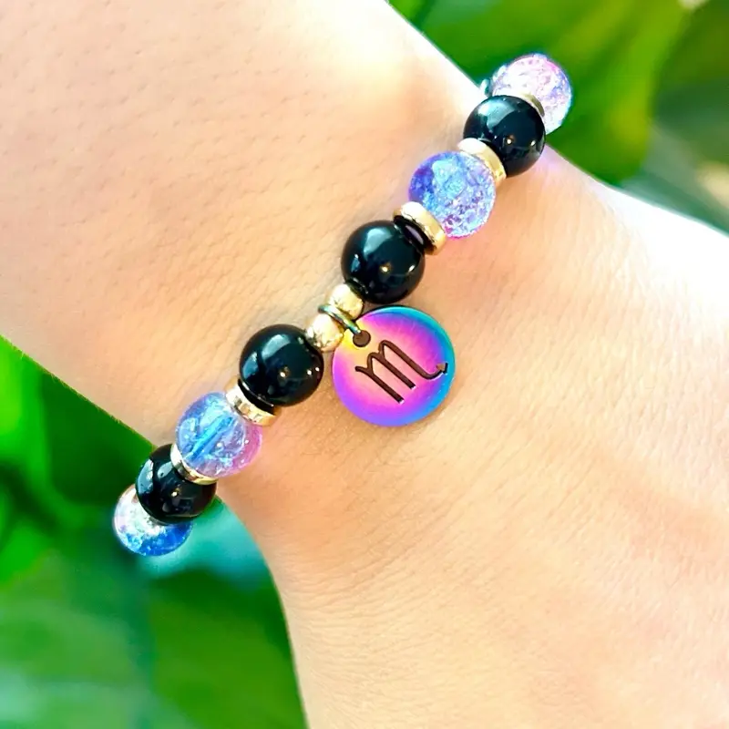 Scorpio Zodiac Bracelet, 8mm Glass Beads, Rainbow Charm, 6.5 Inch Wrist (Origami Box)