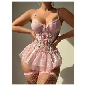 4 Piece Babydoll Lingerie Set Sexy Bow Lace Mesh Underwire Corset Top and Thong Set with Garter Stockings