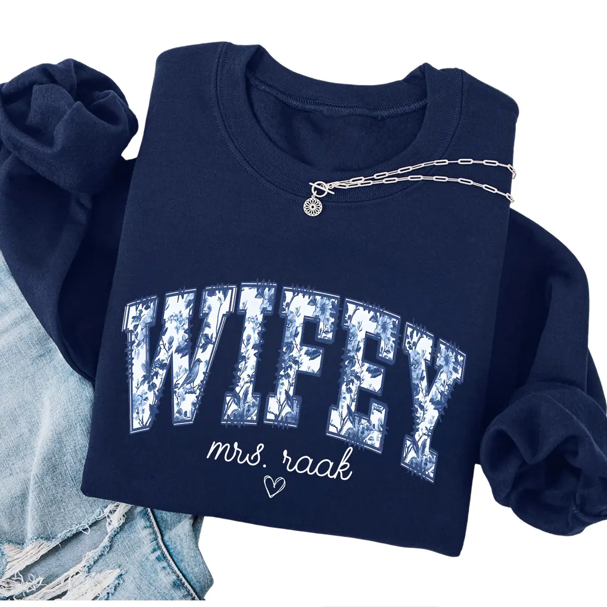 Personalized Wifey T-Shirt/Sweatshirt, Toile De Jouy New Bride Crewneck, Custom Bridal Shower Gift, Floral Honeymoon Pullover, Fiancé Getting Ready Outfit