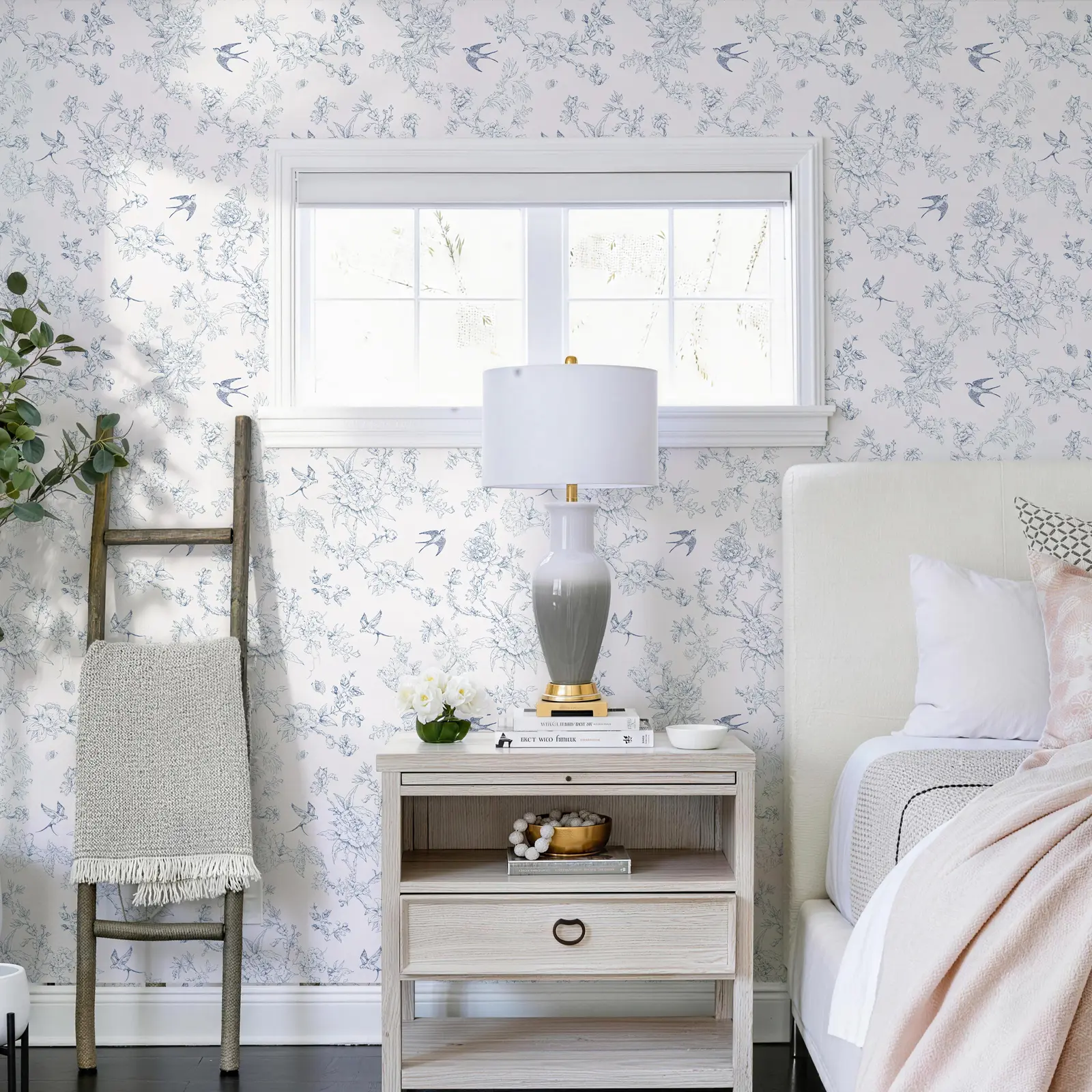 JIFFDIFF Blue Bird Floral Peel and Stick Wallpaper, Vintage Botanical Self Adhesive Wall Covering for Bedroom, Living Room and Accent Wall