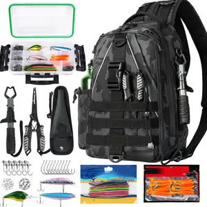 Fishing Backpack with Tackle Boxes, Fish Pliers, Fish Lip Gripper, Lures, Waterproof Tackle Bag with Rod Holder, Fishing Gear Sling Bag Gift For Men Women Anglers (Black)