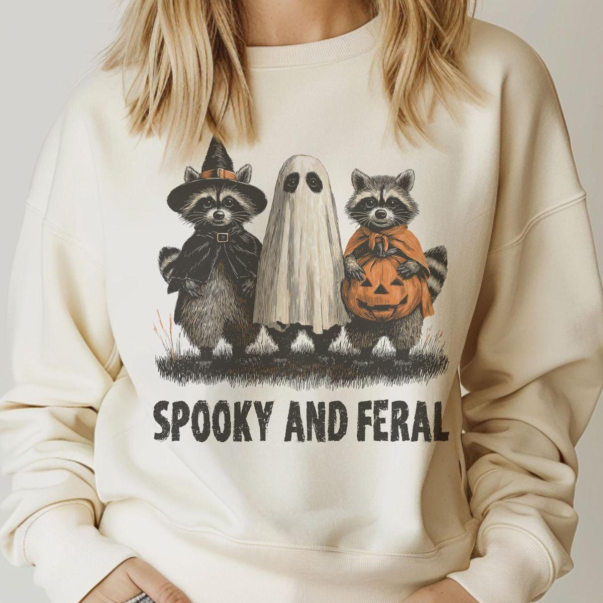 Spooky And Feral Halloween Sweatshirt, Funny Raccoon Witch Ghost Graphite Tee Pullover Sweater For Men Women, Cute Racoon Feral Halloween Shirt, Unisex Long Sleeve Crewneck Shirt