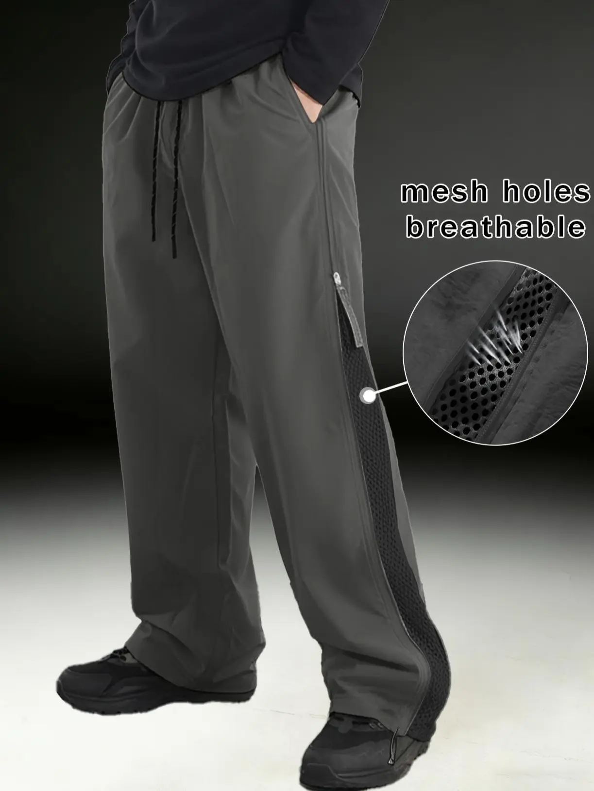 Men’s cargo wide-leg outdoor sports pants with full-side zippers and mesh ventilation; breathable mesh wide-leg pants with side zippers; tech street-style long pants with elastic drawstring waist; Y2K men’s functional parachute pants; adjustable drawstrin