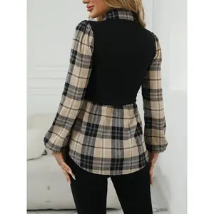 Elegant Geometric Plaid Print Button-Up Shirt for Adults - Autumn Casual & Formal Wear with Classic Collar, Machine Washable, Black & Beige Contrast