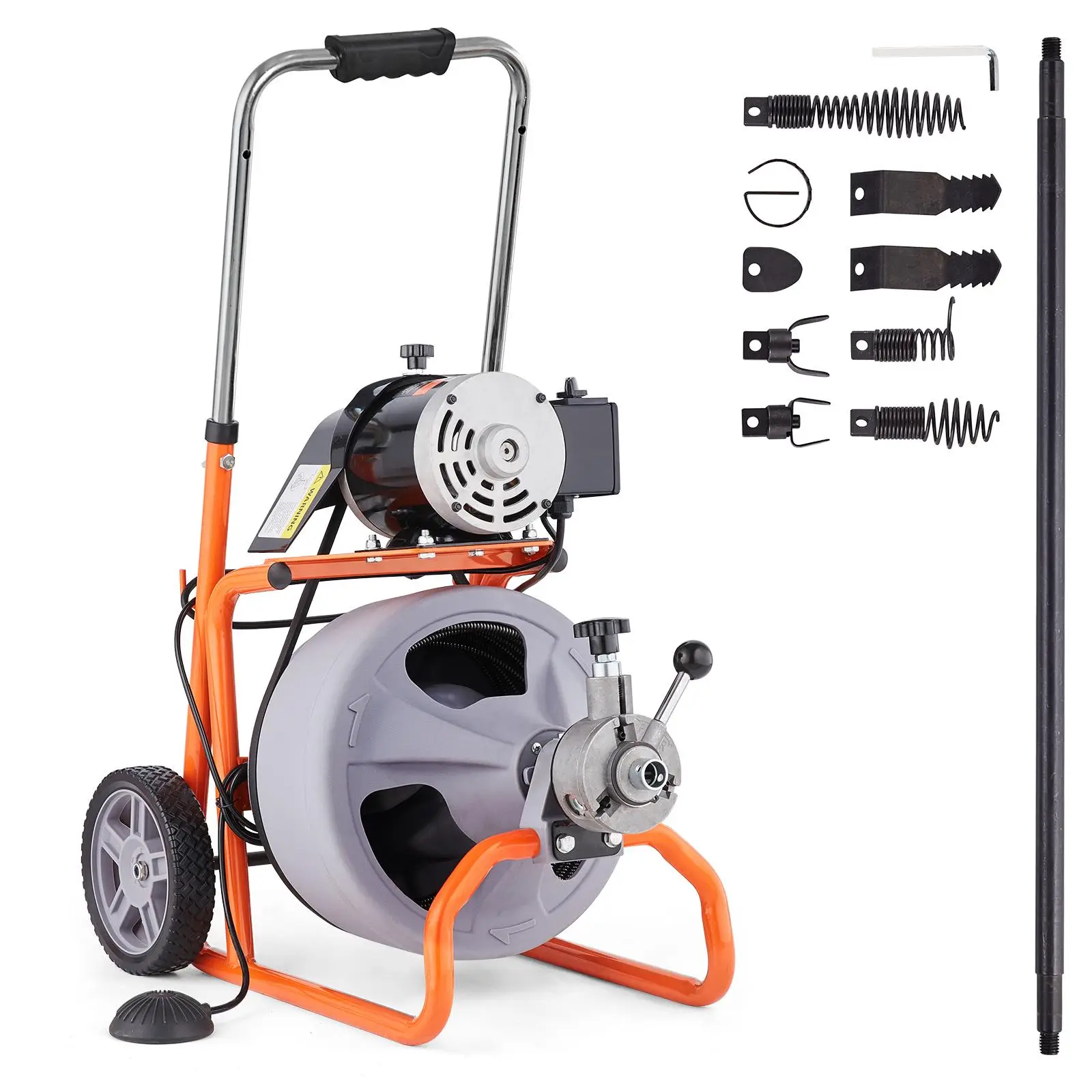 VEVOR Drain Cleaner Machine 75FT x 3/8 Inch, Auto Feed Sewer Snake Drain Auger on Wheels, Portable Drain Cleaning Machine with 8 Cutters & Air-activat