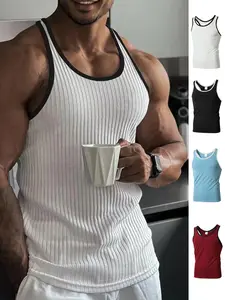 Men's Color-Block Vertical Stripe Ribbed Knit Textured U-Neck Slim Vest, Stylish New Sleeveless Tee for Summer, Outdoor Fitness Casual Top, Classic Versatile Inner or Standalone Layer, Today's Clearance Sale, Focus Item, Wardrobe Essential, Menswear