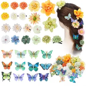 Hair Clip Set, 32 count Flower Clip with Butterfly Clip Set for Women Girls Artificial Rose Hair Barrettes Butterfly Pins (Yellow, Green)