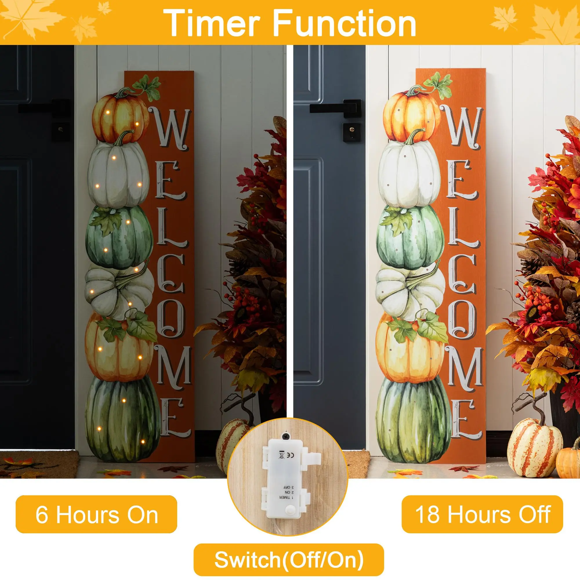 Glitzhome 42"H Lighted Wooden Fall Stacked Pumpkins Welcome Porch LED Sign, Decor with Timer, Specialty Holiday Ornaments, Led Sign Specialty Holiday Ornaments