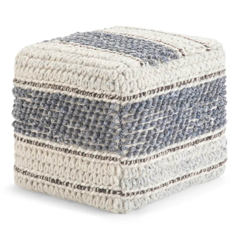 Bohemian Upholstered Small Size Square Wool Fabric Pouf Ottoman Cushion with 360-Degree Rotating Stand, Polystyrene Fill, Space-Saving Blue Design - 18x18 in, 14x18.10x18.10 in Dimensions