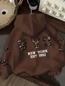 Women's Ny Graphic Print Hoodie, Cozy Casual Hooded Sweatshirt with Drawstring, Leopard New York Lettering, Fall & Winter Wear