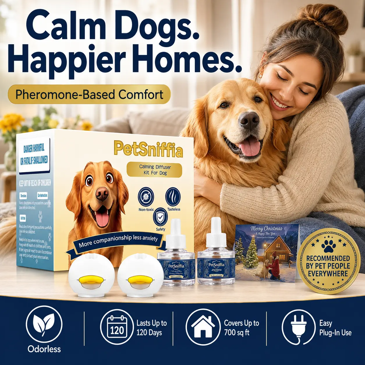 Dog Calming Pheromone Plug-In Diffuser Set Pack, 2 Units + 4 Refills for Multi-Room Indoor Use to Reduce Anxiety