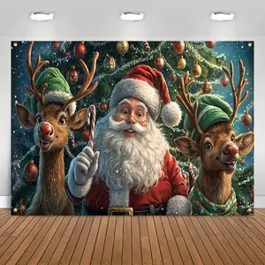 1pc Festive Christmas Garage Banner, Santa Claus with Candy Cane & Reindeer, Polyester Fabric, Vivid Colors, Large Outdoor Wall Decor for Holiday Entrance, Party Decoration White