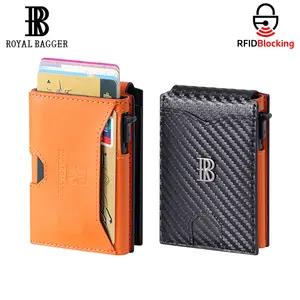 Royal Bagger Men’s Minimalist Pop-Up Metal & Genuine Cow Leather Card Holder Case, RFID Blocking Slim Wallet with Magnetic Closure, Lightweight Carbon Fiber Travel Wallet 5246