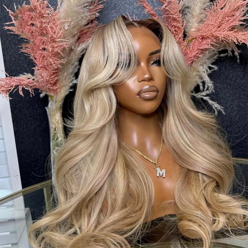 Ombre Brown Roots Ash Blonde Wigs Human Hair 180% Density 13x6 Body Wave HD Thin Lace Front Wig for Women Glueless Ombre Blonde Colored Lace Front Wigs