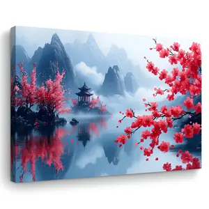 Vintage Charming Plum Blossom Pavilion Canvas Art - Wooden Frame Wall Decoration, Suitable for Living Room, Bedroom, Kitchen| Perfect home and office decoration| Ideal Christmas gift, suitable for room decoration