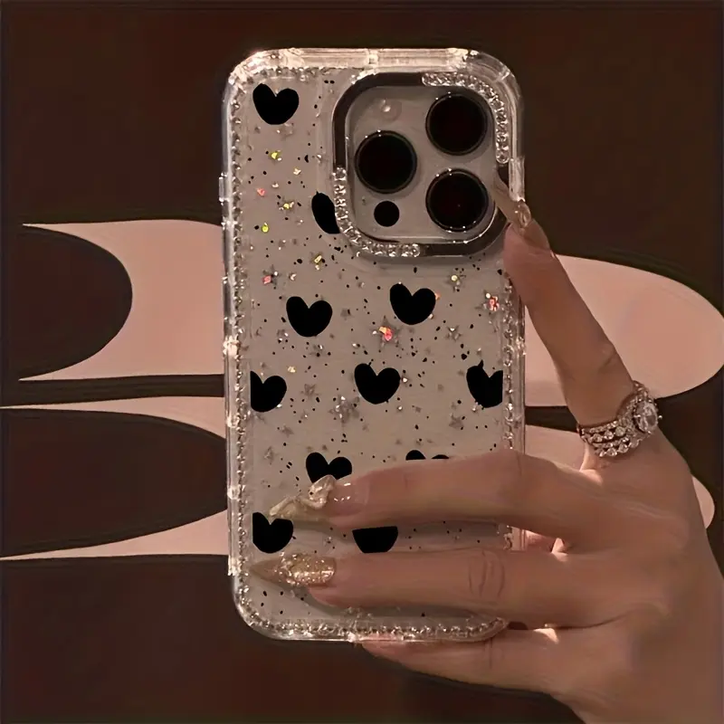 Luxury Black Heart-Shaped Rhinestone Fashion Phone Case with Transparent Sparkling Rhinestone Border and Star Design, Shock-Resistant Case Compatible with the Entire iPhone 17/16/15/14/13/12 and iPhone 17 Air Series
