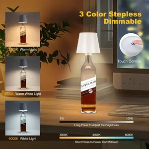Wireless Bottle Lamp 3 Color Stepless Dimmable Touch Control Rechargeable Waterproof for Home Bar Camping Travel Restaurants Party Decor Gifts 1PC