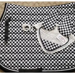 New Horse English Saddle Pad Set with Matching Fly Bonnet Veil Ear Net Polyester Mask