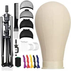 23 Inch Canvas Block Wig ,  Inch Wig Stand Tripod with , Mannequin  for Wigs Display with Wig Caps, T C Pins Brush