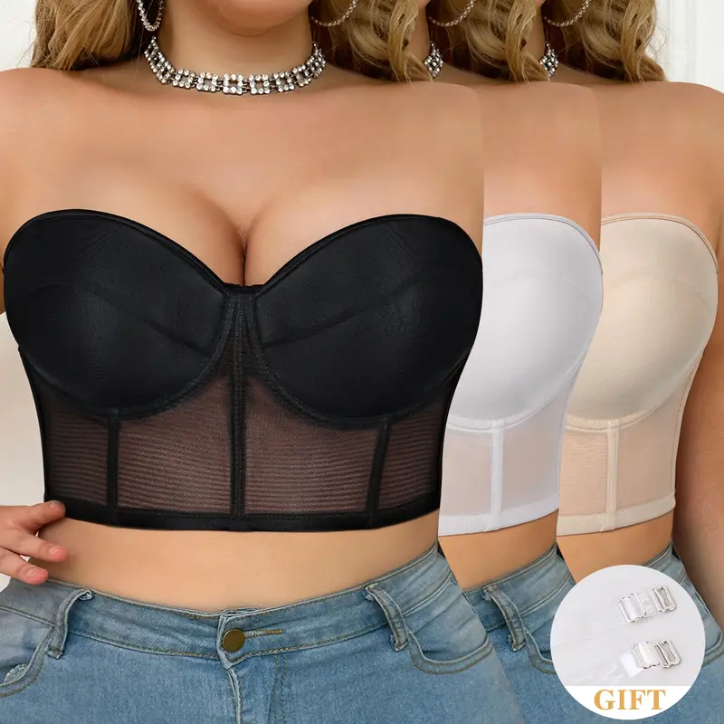【SohoChic】Women's Seamless Anti-Slip Strapless Push-Up Bras Set (1-3pcs), Soft Cup Lingerie with Breast Support & Cleavage Enhancement, Black/White/Beige Daily Elegance Everyday Underwear, Seamless Anti-Slip Side Buckle Strapless Push-Up Everyday Bras