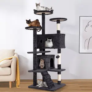 Cat Tree Tower for Indoor Cats, 53.9 and 69.3in Multi-Level Cat Furniture Activity Center, Kitty Play House with Sisal Scratching Post, Large Dual Condo, Climbing Ladder, Plush Toy for Kitten