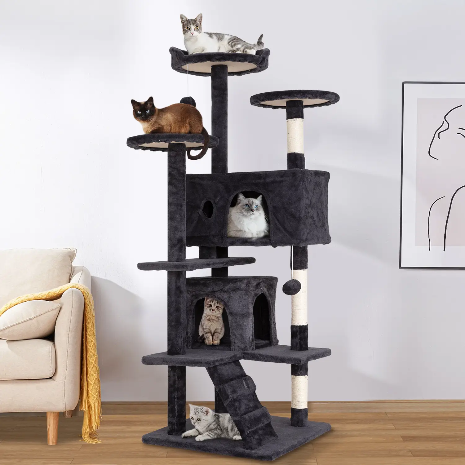 Cat Tree Tower for Indoor Cats, 53.9 and 69.3in Multi-Level Cat Furniture Activity Center, Kitty Play House with Sisal Scratching Post, Large Dual Con