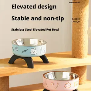 Cat High-Heeled Bowl Neck Protection, Pet Stainless Steel Bowl, Anti-Slip Non-Tip Dog Bowl, Durable Feeding Dish for Pets