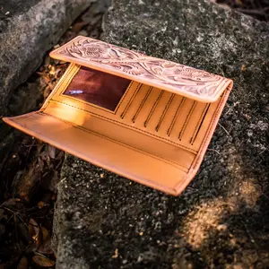 [CLEARANCE] Leather Trifold Wallet Handmade 100% Calf Skin with Floral Hand Tooling & Credit Card Slots