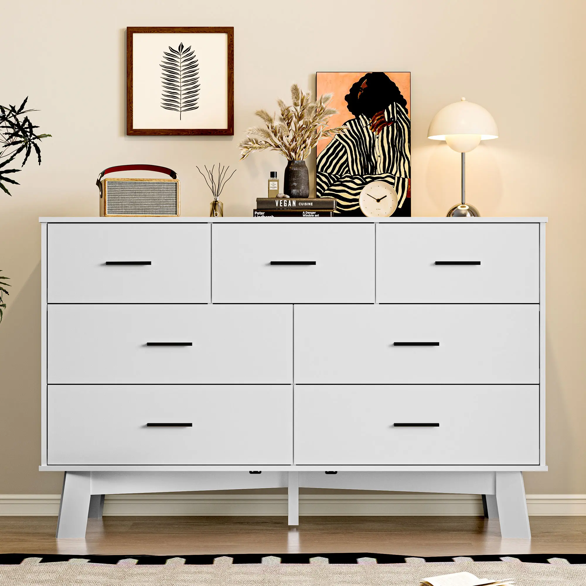 White MDF Wood 7-Drawer Bedroom Dresser - Side Table Dresser, X-Shaped Legs Sturdy Base, Wide Double Clothes Storage Organizer, Multi-Use TV Stand for Living Room/Hallway, 2h Assembly, Father's Day Gift Idea