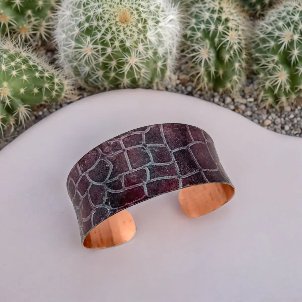 Dark Purple Crocodile Copper Patina Adjustable Cuff Bracelet