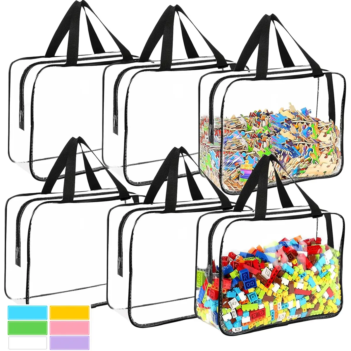 6 Packs Large Toy Storage Bags with Labels, Reusable Clear PVC Board Game Storage, Travel Waterproof Organizer Bags with Zipper for Building Blocks, Puzzle, Kids Books Space Saver Bags Space Saving Bags