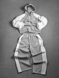 Men's 2-Piece Casual Tracksuit | Color Block Zip Hoodie & Sweatpants | Lightweight & Warm | Embroidered Logo | Relaxed Fit for All Occasions | Gray-White Stylish Combo | Must-Have Wardrobe Essential