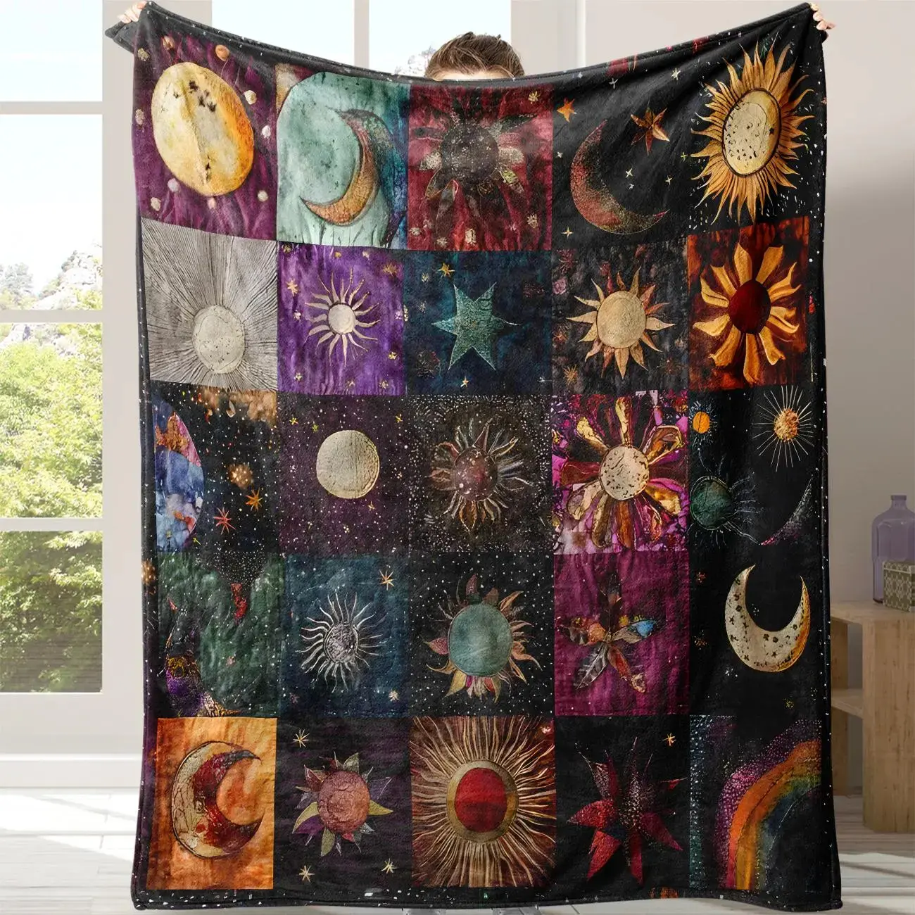 Star and Moon Pattern Graphic Throw Blanket, Soft Cozy Decorative Printed Flannel Blanket for Bedroom, Sofa, Office and Travel Naps, Blanket for Couch