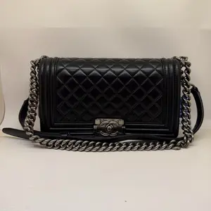 Pre-owned CHANEL Leboy Lambskin Leather Crossbody Bag Black with Silver Hardware
