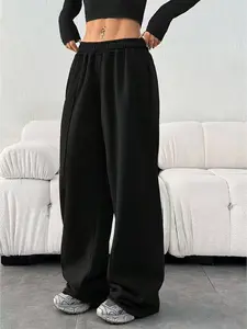 New Women's Outdoor Sports Long Pants, Wide Leg Fashion Commuter Style, Slimming Solid Color, High Waist Loose Fit, Drawstring Waist Sweatpants, Drawstring Waist Athleisure