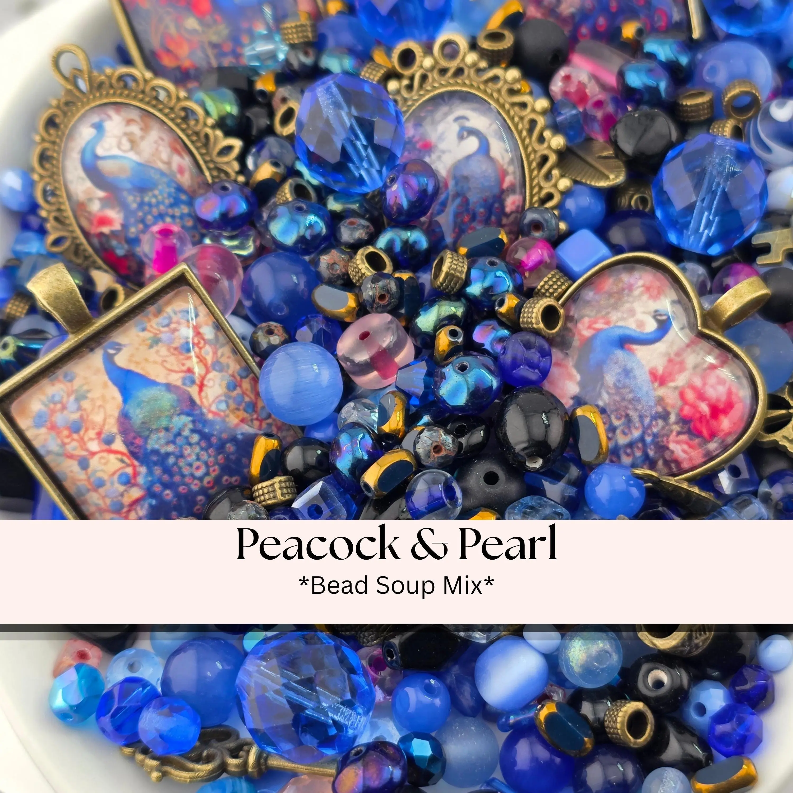 Peacock Pearl Bead Soup Mix | Cobalt Bronze Glass Beads | Peacock Feather Cabochon Pendants | DIY Jewelry Making | Learise Curated Mix