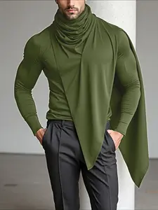 INCERUN Men's Fashion Casual Solid Color Knit Long Sleeve Top, Stacked Collar Deconstructed Design T-Shirt, Spring & Fall Daily Wear Knitwear