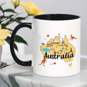 Australia Map Pattern Coffee Mug, Cartoon Style Australia Map Illustration with Sydney Opera House and Kangaroo, Reusable Mug, Perfect Gift for Coffee Lovers, Drinkware