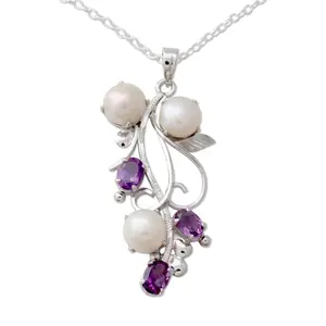 NOVICA Artisan Handmade Amethyst Cultured Pearl Pendant Necklace in Silver with Amethysts Pearls Sterling Rhodium Plated Freshwater Purple White India Birthstone [18 in L 2 mm W Pendant(s) 2 in L x 0]