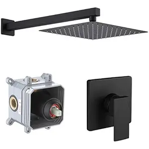 KES Shower Faucets Sets Complete 10 Inch Rain Shower Head Shower Valve and Trim Kit Pressure Balance Shower System Matt Black, X