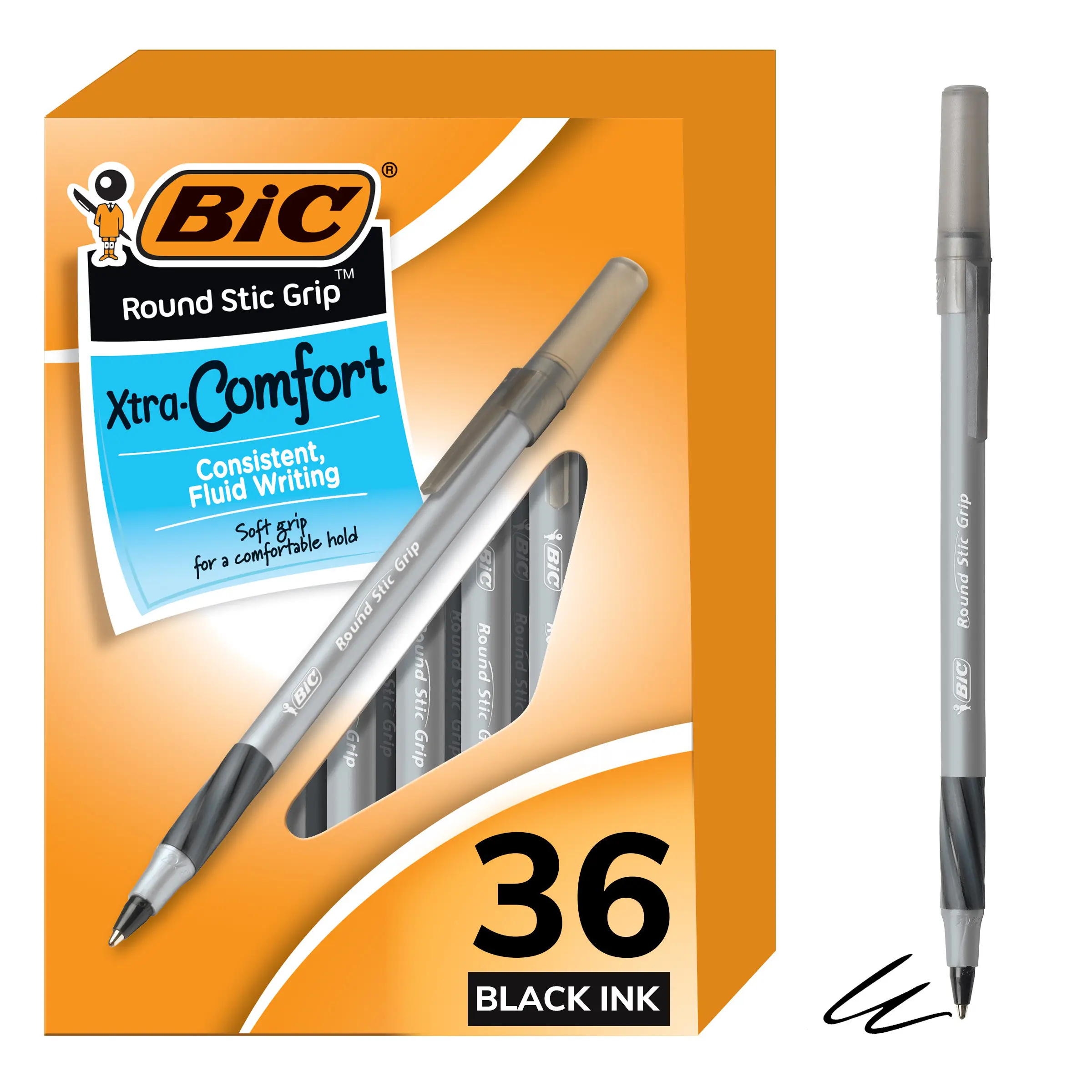 BIC Round Stic Grip Xtra Comfort Black Ink Pens, Medium Point (1.2mm), 36-Count Pack, Soft Grip for Enhanced Comfort and Control