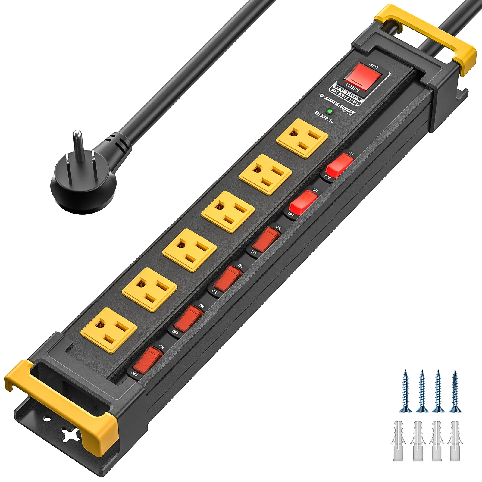 GREENBOX Durable Wall Mount Heavy-Duty Metal Power Strip - 10-Outlet Rectangle, 3300J Surge Protection, Integrated Cable & Card Holder, 6FT Flat Plug Cord, ETL Certified for Workshop Electrical Equipment