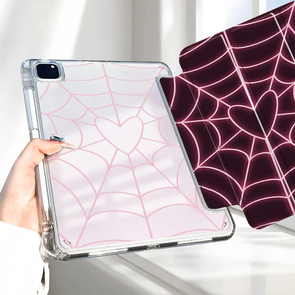 Pink Gothic Spider Web design iPad Case, Ipad Accessories, Heart Aesthetic Double-sided printing Transparent Acrylic Hard Back Panel With Pencil Slot for Ipad mini pro air, Scratch-resistant Ultra-thin Protective Case, Shock-resistant Full Cover Case