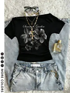 Women's Asymmetrical Neck Short Sleeve Lightweight Soft T-Shirt, Y2K Summer Vacation Wear, Floral Print Shoulderless Top, Casual Home Comfort Clothing Womenswear